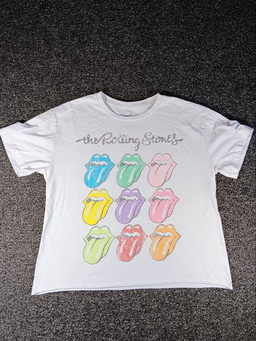 The Rolling Stones, Worn White Pastel Tongue Grid Graphic Distressed Tee, Large